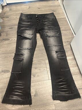 Boohoo Mens Black Distressed Flare Jeans